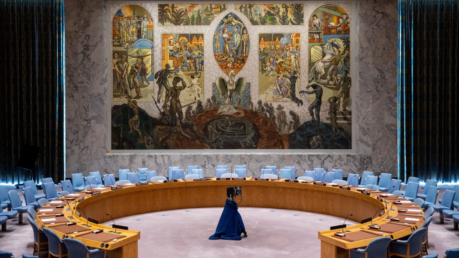 United Nations Security Council chamber representing the UN Security Council and international security