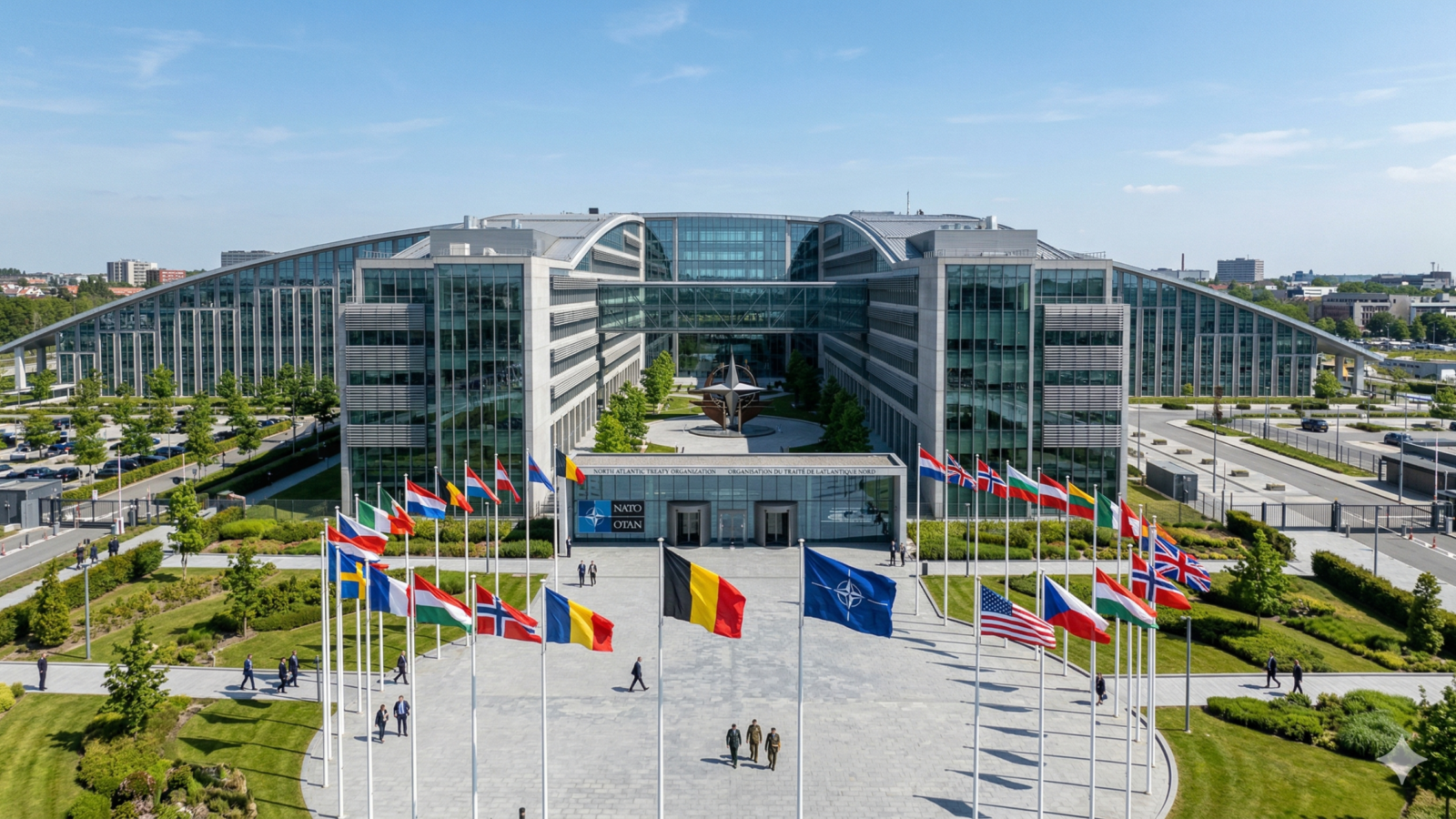 NATO headquarters and member flags representing NATO Article 5 and collective defense